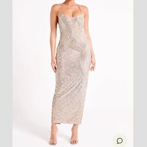 Meshki Tierra sequin maxi dress gown in silver XXS